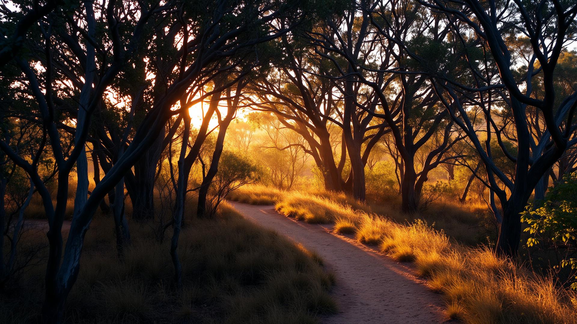 Eucalyptus bushland trail at golden hour
