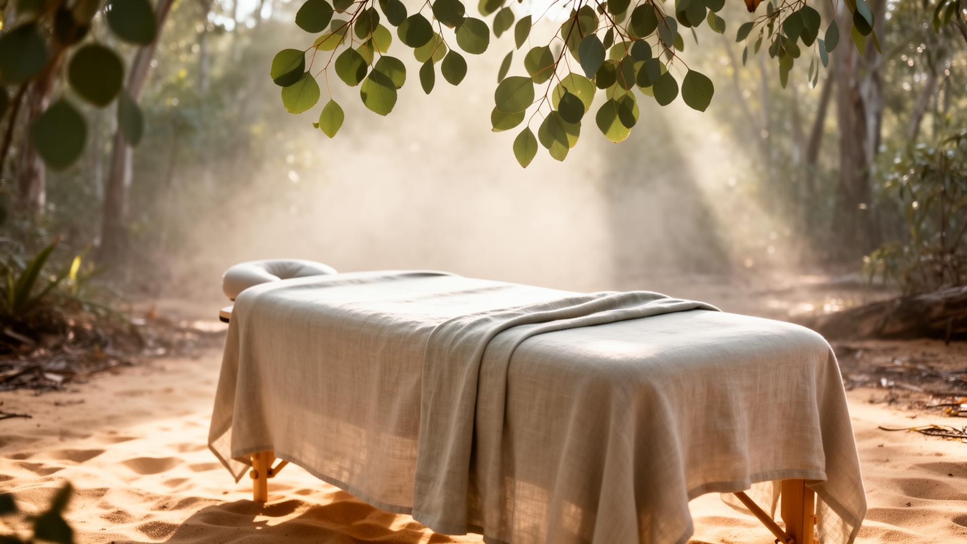 Linen-draped massage table beneath eucalyptus, dappled morning light